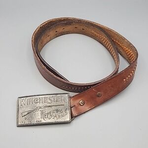 Vintage Winchester Buckle Western Hand Tooled Finished Leather Belt Sz 38